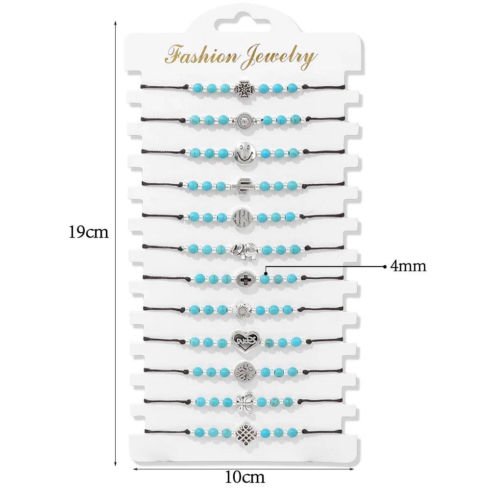 Wholesale 12Pcs/Set Colorful Natural Stone Bracelets Adjustable Rope Braided Bracelet Handmade Bohemia Bracelets with Cards