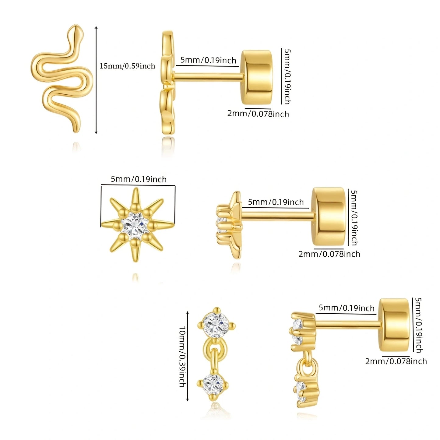 2/6 Pcs 20G 18K Hypoallergenic CZ Cartilage Flat Back Stud Earrings