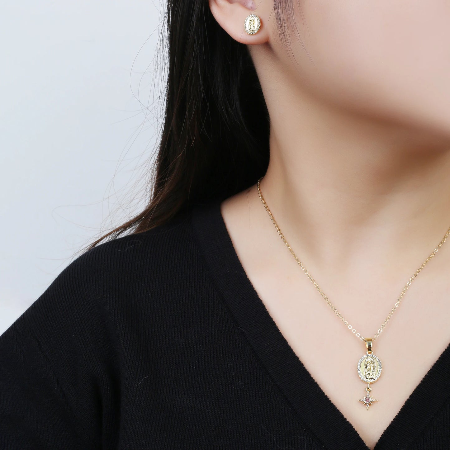 New Trendy Creative Oval St. Jude Zirconia Jewelry Set Necklace Earrings Classic for Religious Jewelry Accessories For Men Women