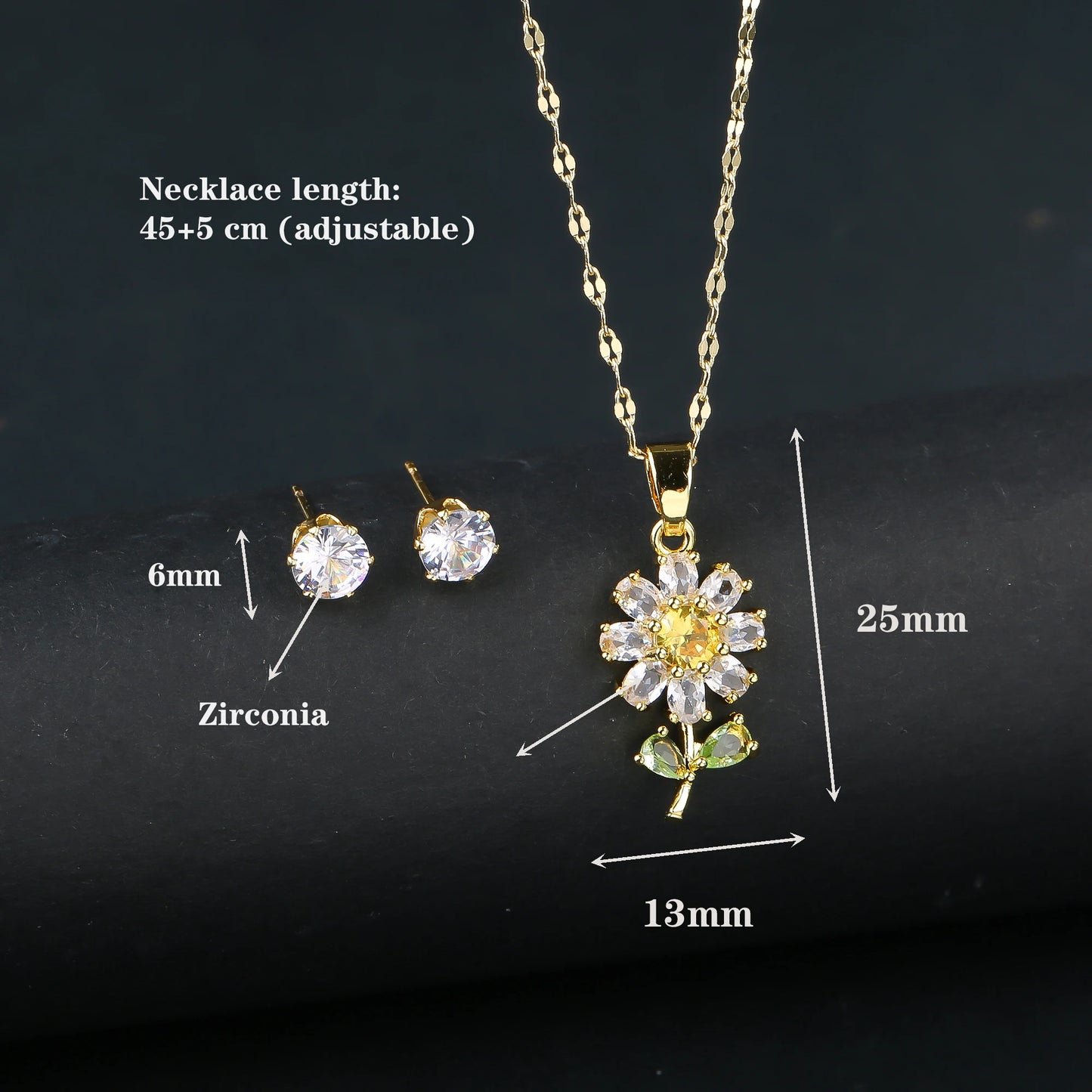 2pcs Sparkling Crystals Botanical Sunflower Necklace Earrings Jewelry Set for Woman New Fashion Casual Party Jewelry GirlGift