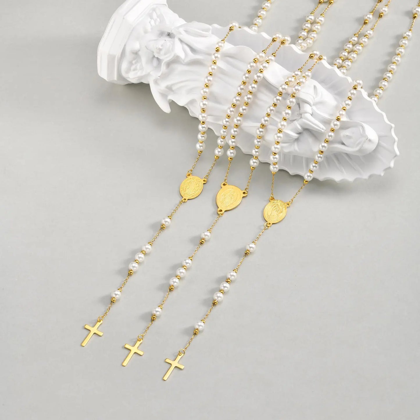 Imitation Pearl Beaded Chain Holy Virgin Mary Y-Shaped Necklace, Stainless Steel Cross Pendant Necklace,Religious Prayer Jewelry