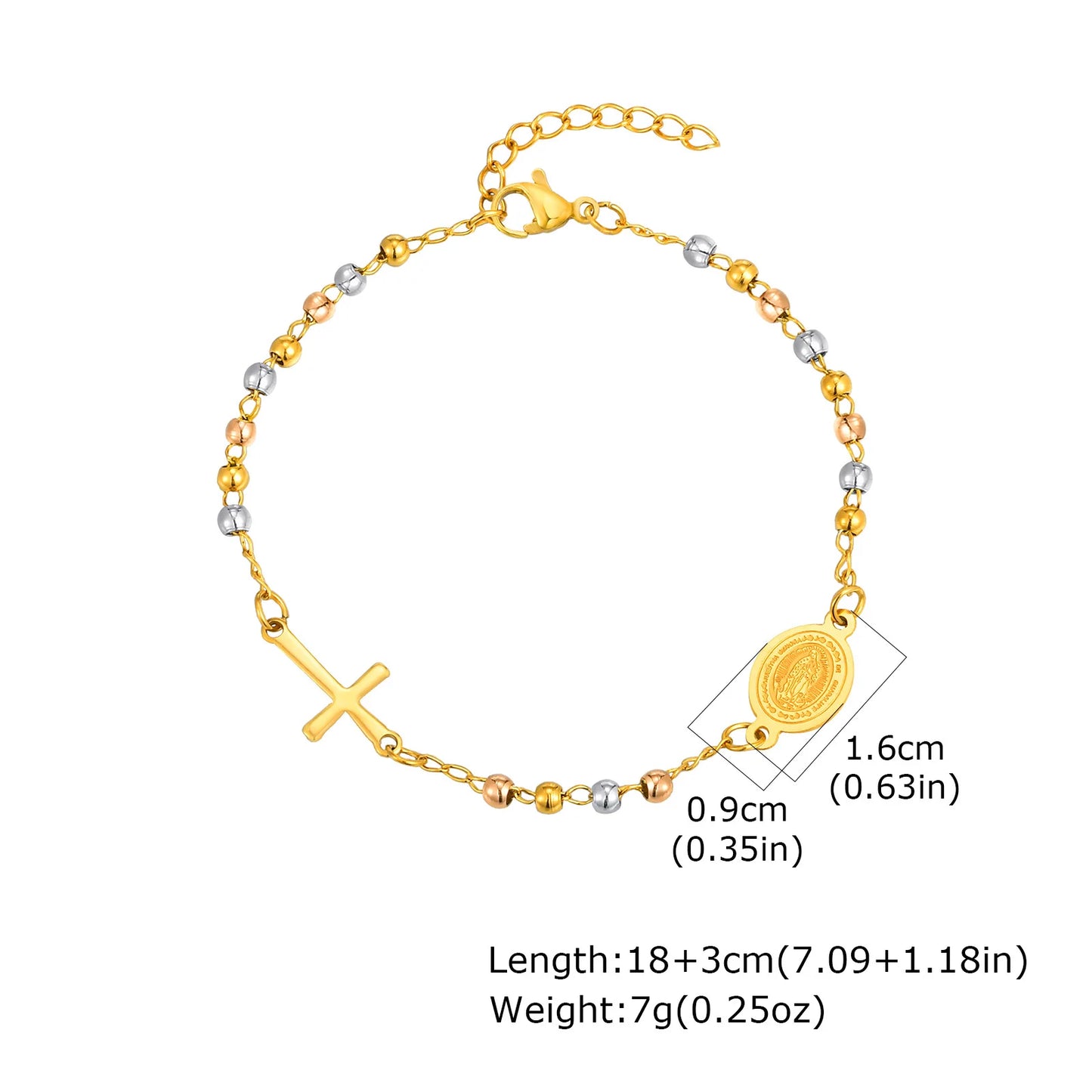 Vnox Stainless Steel Beaded Virgin Mary Bracelet,Charm Rosary Cross Chain Bracelet For Women,Religion Christ Three Color Jewelry