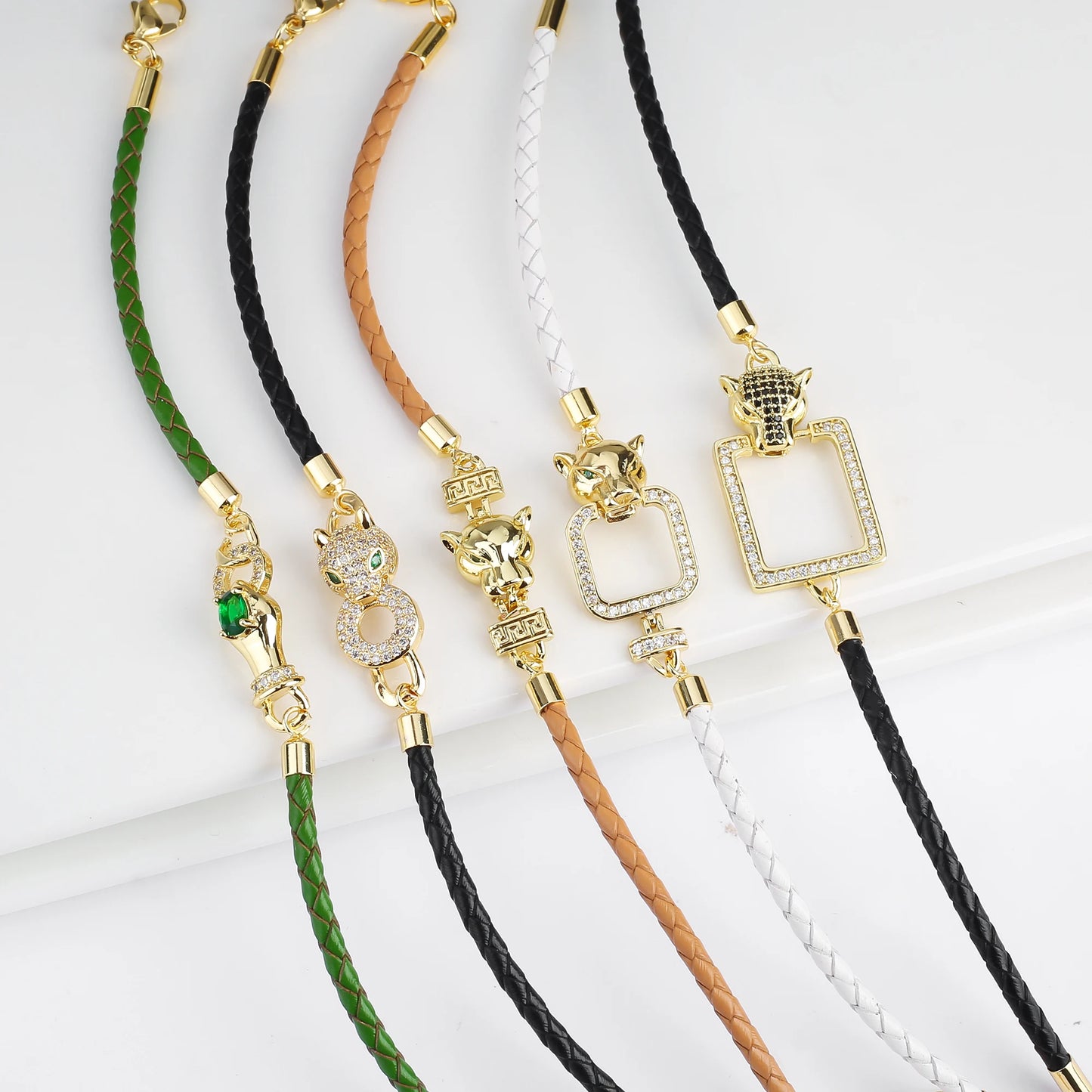 High Quality Shiny Zirconia Animal Leopard Head Adjustable Bracelet Fashion Leather Rope Charm Bracelet Bully Man Woman Jewelry