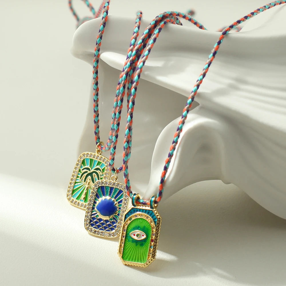 Bohemian POP Art Heart Necklace For Women Gothic Evil Blue Eye Collars Handwoven Wool Chain Choker Tarot Card Summer Jewelry