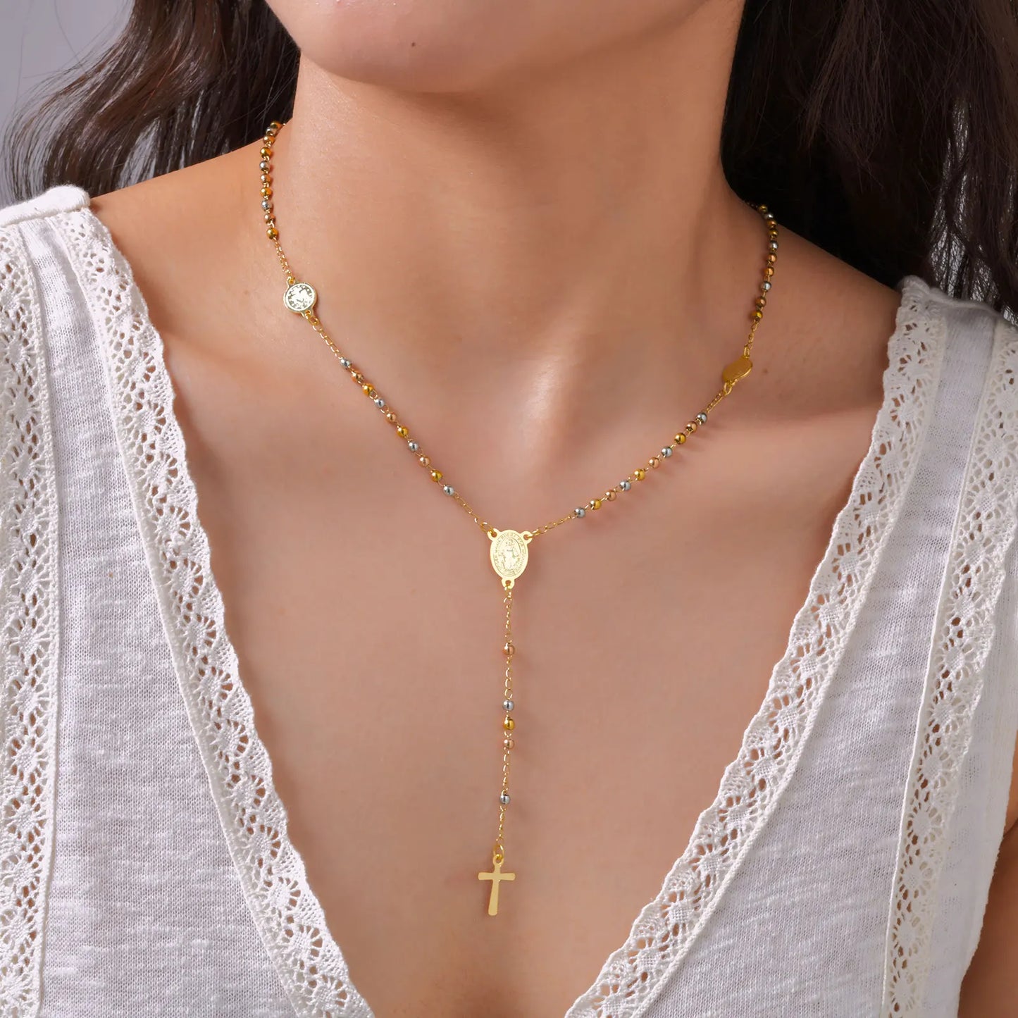 Tri-color Beaded Virgin Mary Y-shaped Necklace, Holy Spirit Cross Pendant Necklace for Women, Stainless Steel Religious Jewelry
