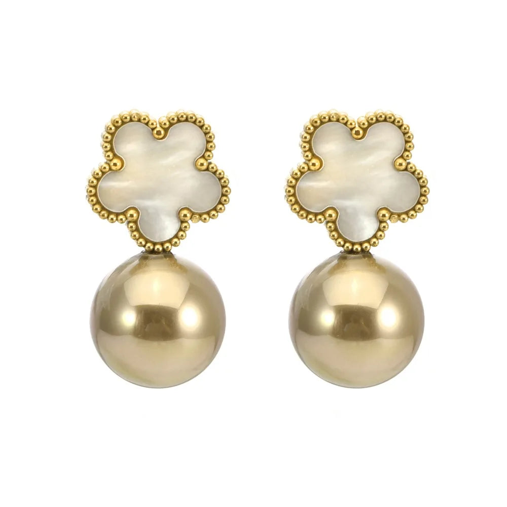 Hot Sale Stainless Steel Five Leaf Flower Pearl Drop Earrings Classic For Woman Clover Jewelry High Quality Party Wedding Gift