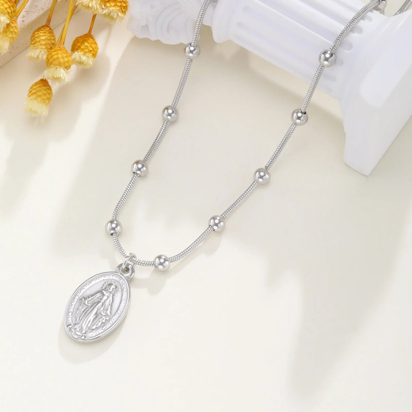 Holy Virgin Rosary Necklace for Women,Stainless Steel Bead Snake Chain Necklaces,Classic Religion Jewelry Gift
