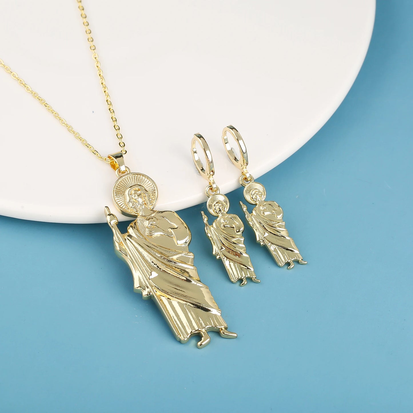 18K Gold Plated Religious Figures St. Jude Necklace Earrings Jewelry Set Simple for Woman Christian Catholic Jewelry Daily Wear