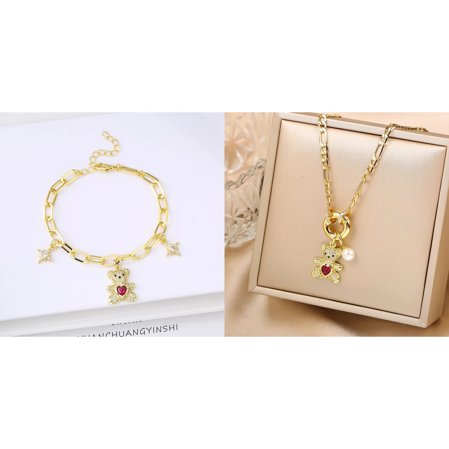 Hot Sale 2PCS Animal Bear Zirconia Bracelet Jewelry Necklace Set for Women Female Daily Party Crystal Jewelry Girl Gift
