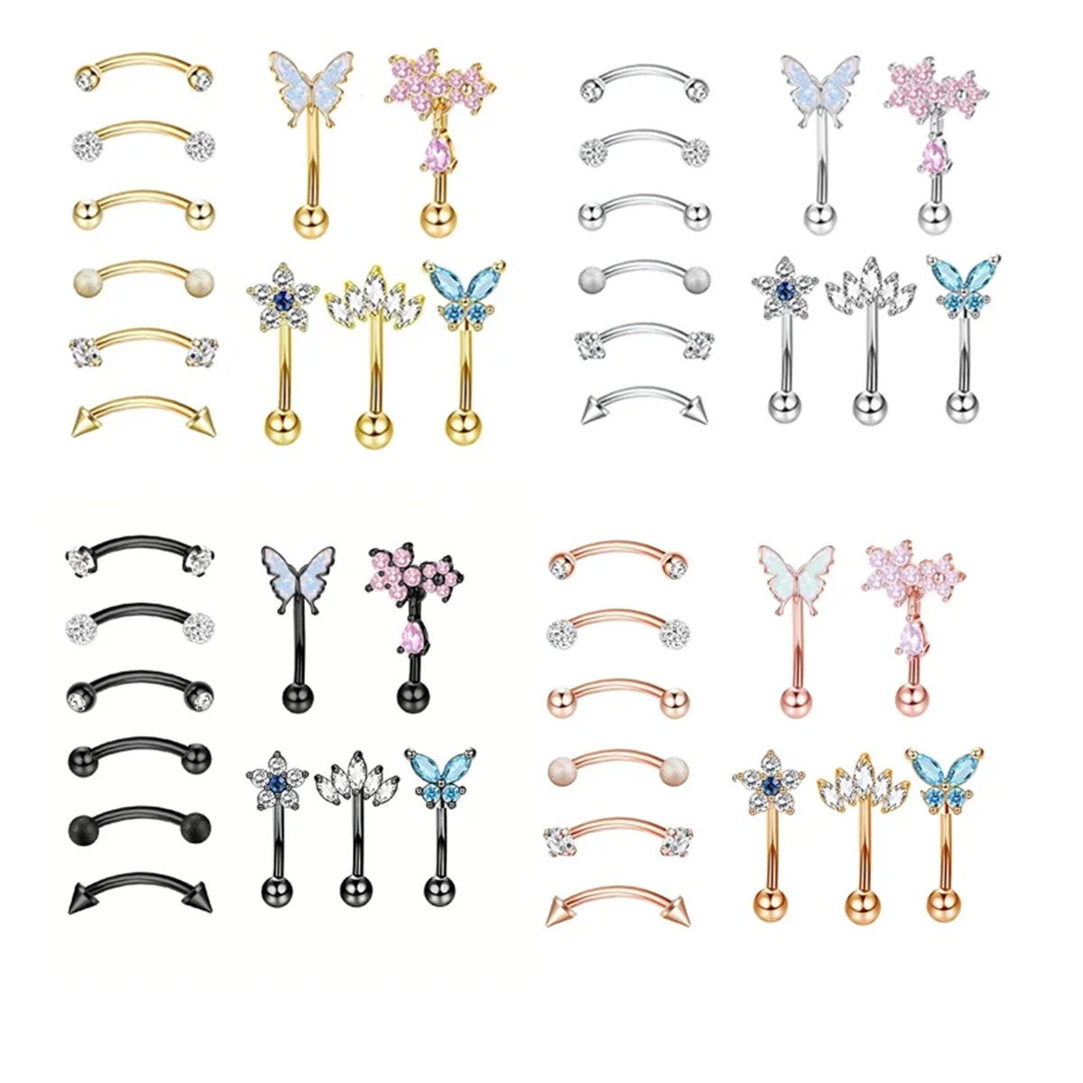 11Pcs 16G Colorful Butterfly Shape Curved Barbell Eyebrow Ring, Belly Lip Ring Inlaid Shiny Zircon Bling Bling Piercing Jewelry