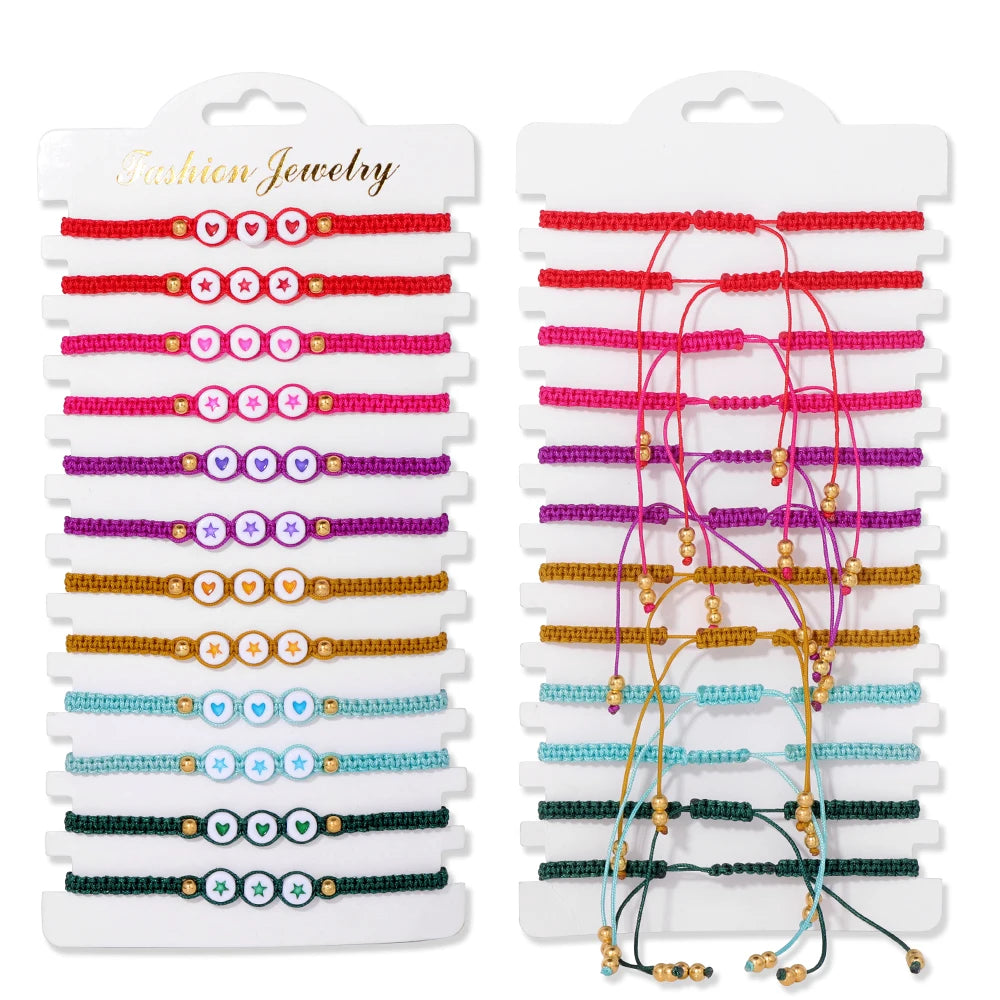 Wholesale 12Pcs/Set Colorful Natural Stone Bracelets Adjustable Rope Braided Bracelet Handmade Bohemia Bracelets with Cards