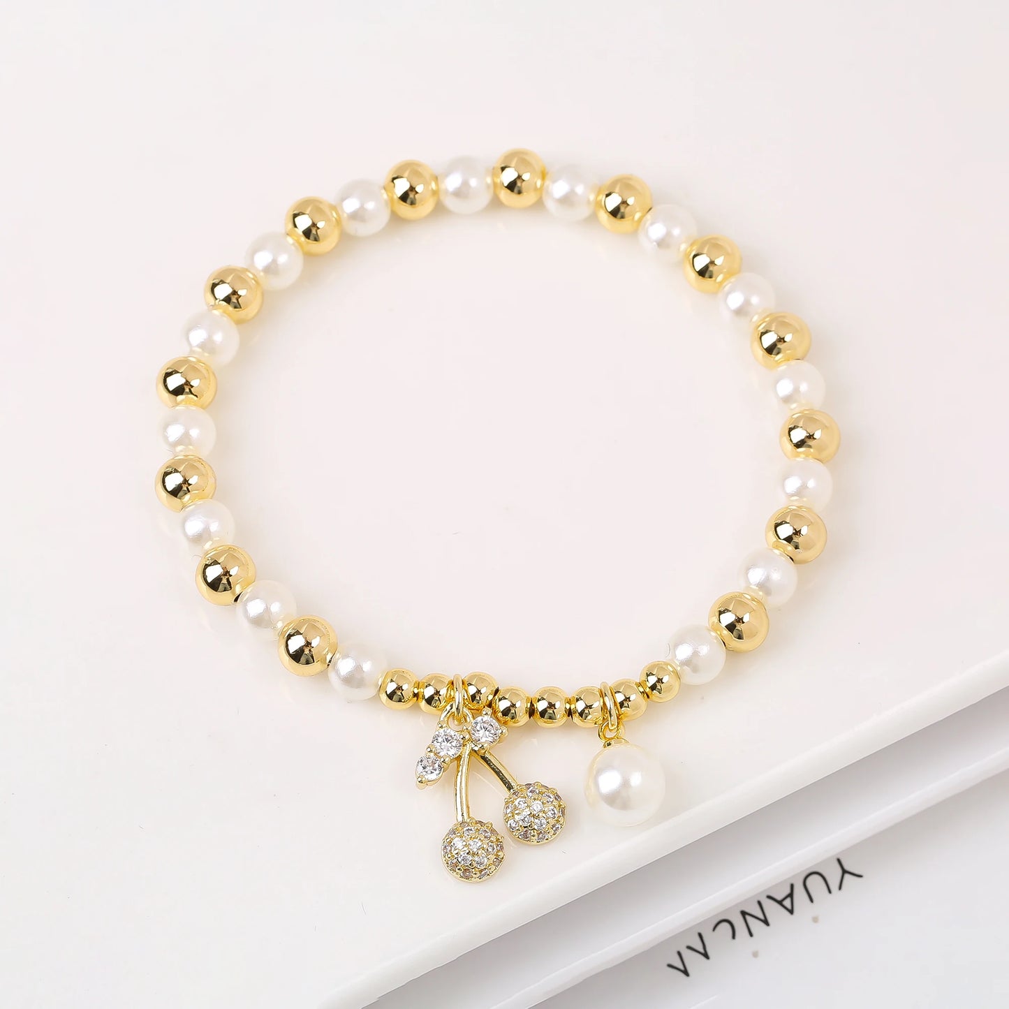 Trendy Crystal Cherry Shape Heart Copper Beads Chain Pearls Bracelet For Women 15 Styles Choice Daily Versatile Jewelry Gift