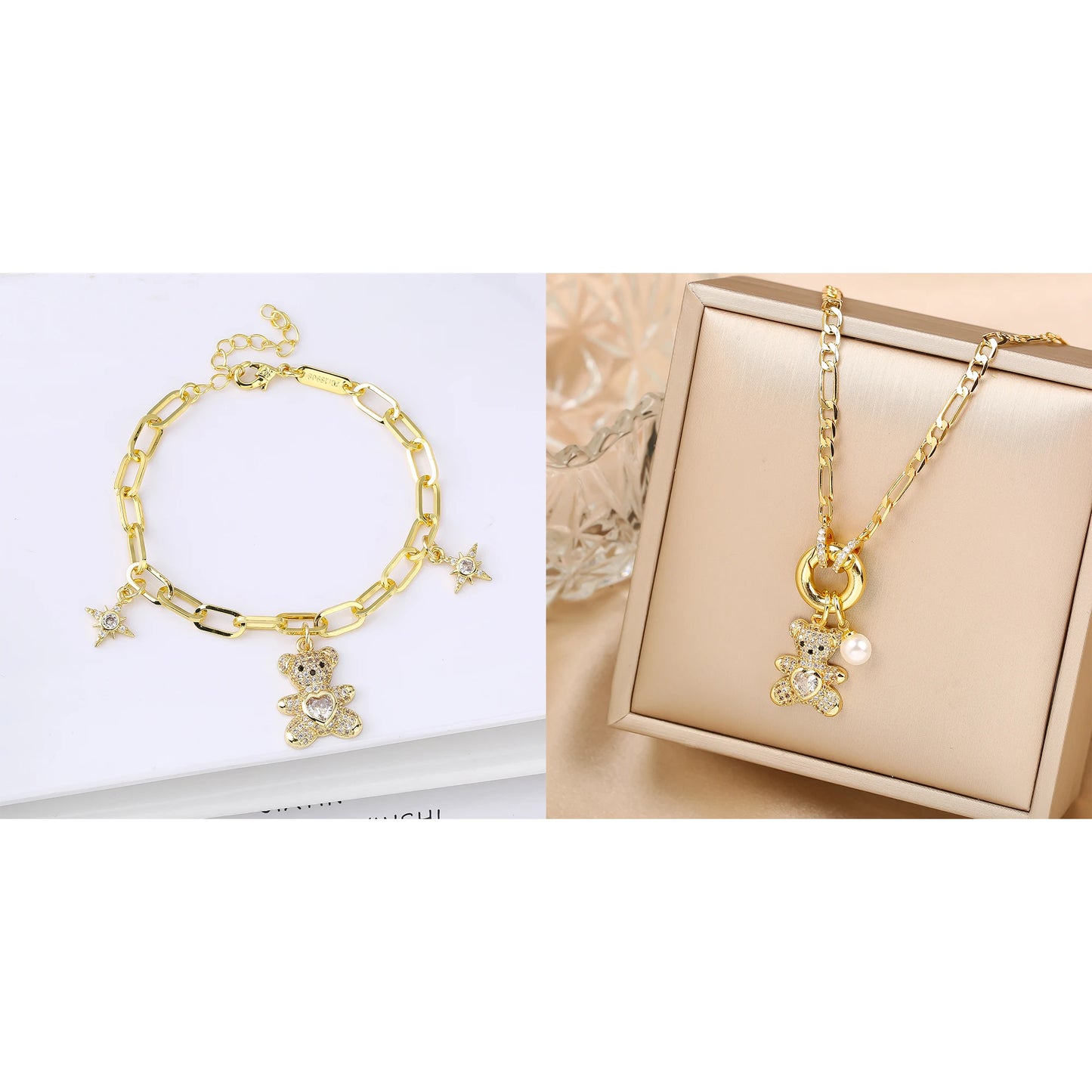 Hot Sale 2PCS Animal Bear Zirconia Bracelet Jewelry Necklace Set for Women Female Daily Party Crystal Jewelry Girl Gift