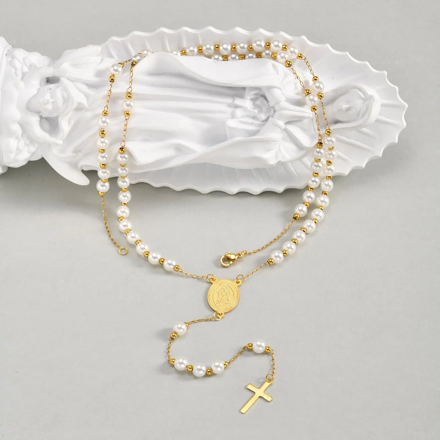 Imitation Pearl Beaded Chain Holy Virgin Mary Y-Shaped Necklace, Stainless Steel Cross Pendant Necklace,Religious Prayer Jewelry