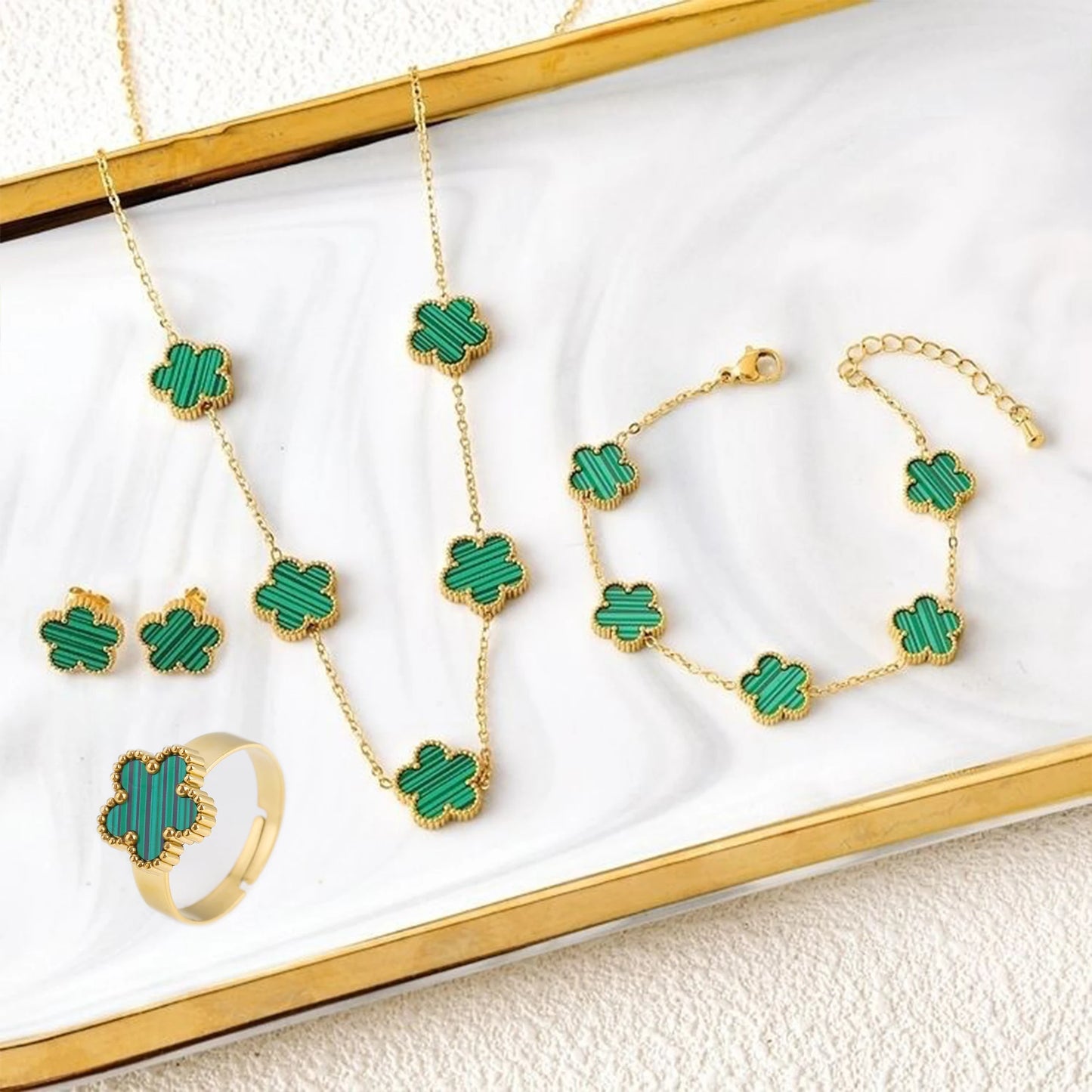 New Creative 4Pcs Stainless Steel Five Leaf Flower Bracelet Necklace Earrings Rings Set for Women Fashion Party Jewelry Clover