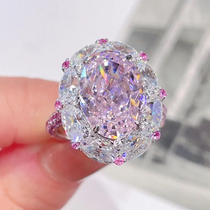 Big Oval Pink Zircon Cute Egg Shape Stone Rings For Women Silver Color Promise Engagement Wedding Bands Bridal Jewelry Girl Gift