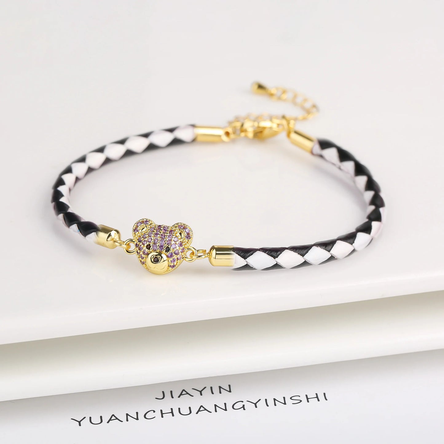 Adjustable Leather Braided Zirconia Bear Bracelet Classic Woman Animal Bracelet Fashion for Party Jewelry Gift Accessories