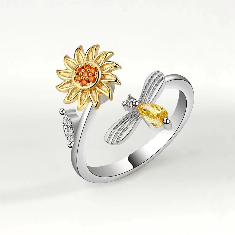 Versatile Flower Rotatable Cubic Zirconia Size Adjustable Rings For Women Gold Copper Metal Ring Party Jewelry