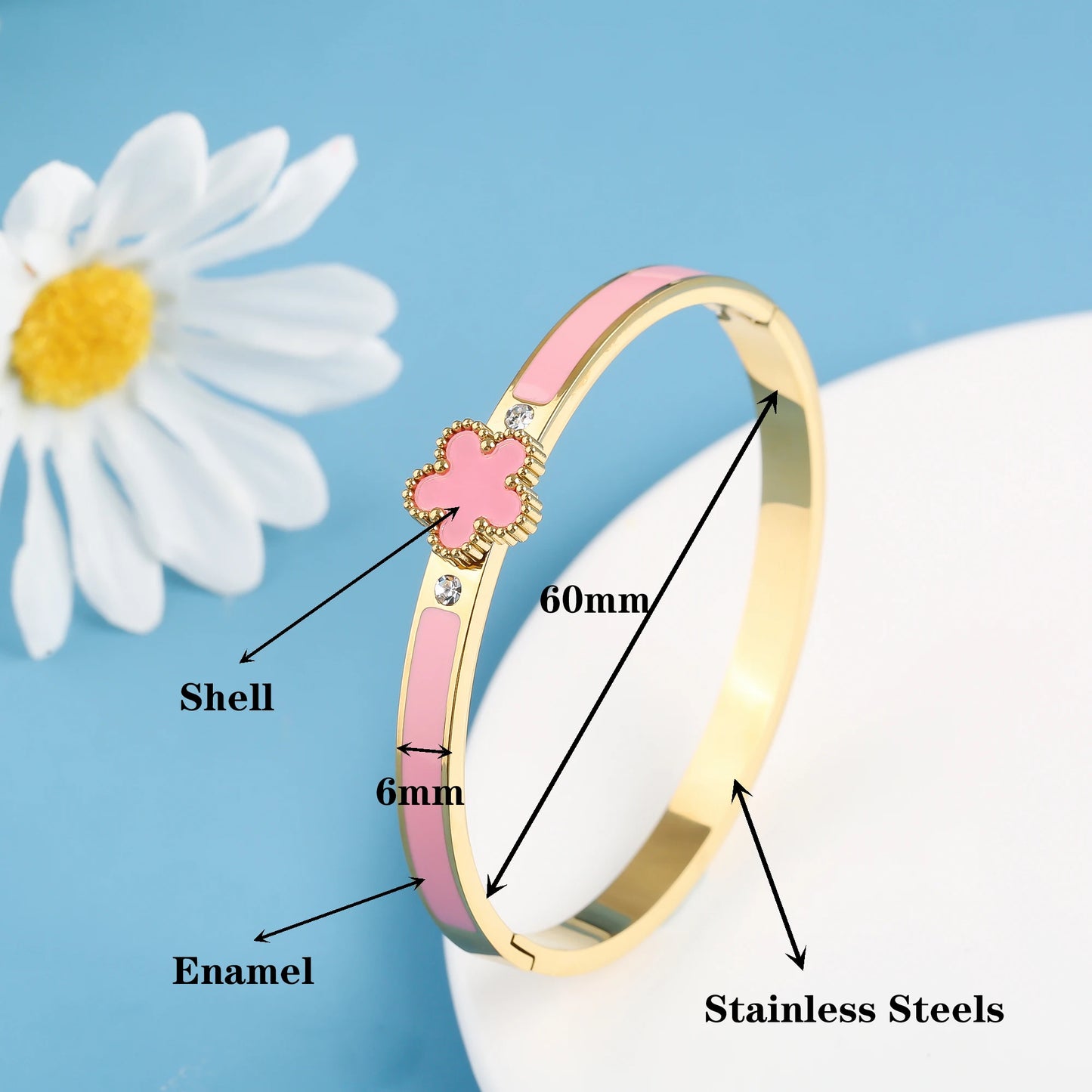 New Arrival Stainless Steel Oil Drop Shell Five Leaf Flower Open Bangle for Man Woman Fashion Party Classic Jewelry Clover 2025