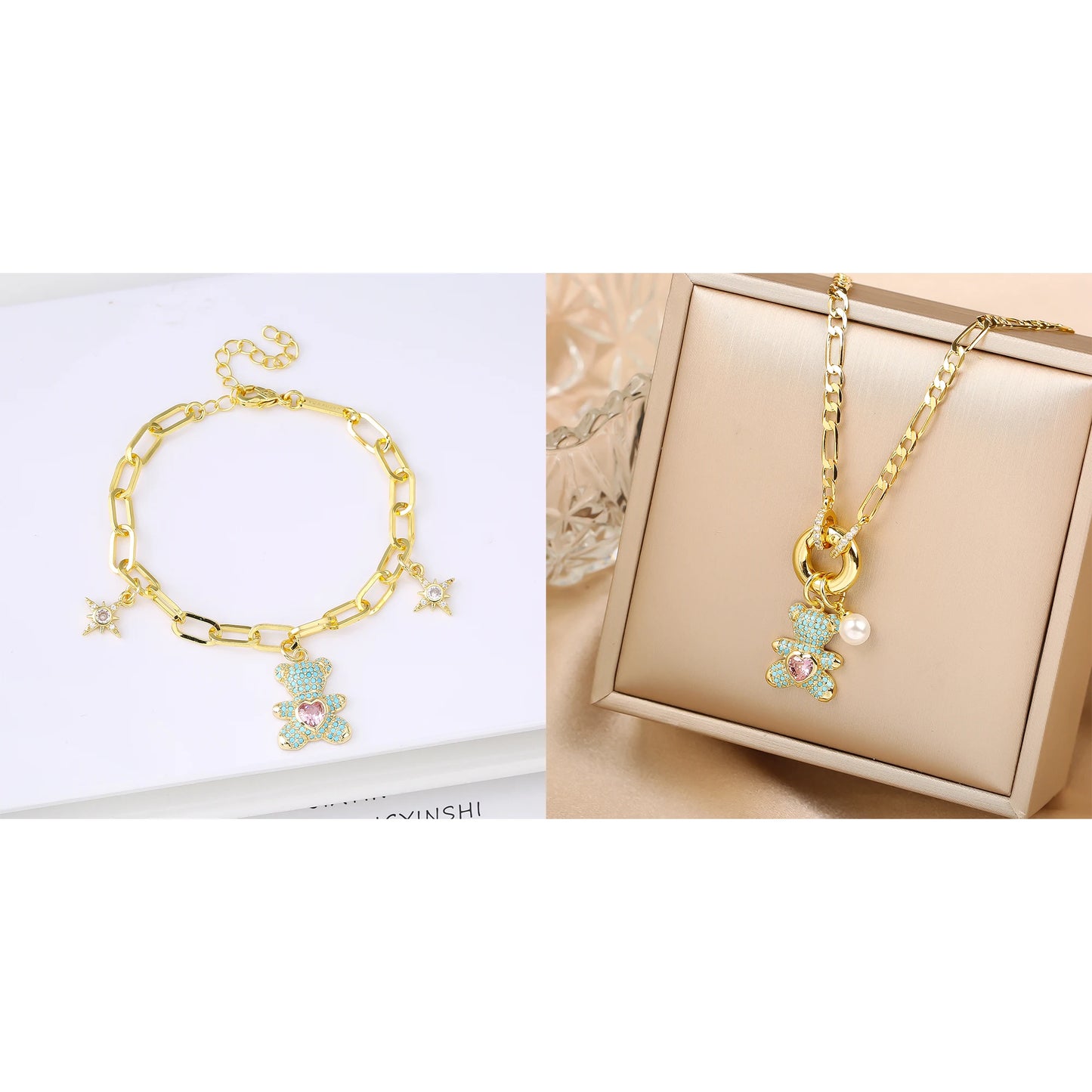 Hot Sale 2PCS Animal Bear Zirconia Bracelet Jewelry Necklace Set for Women Female Daily Party Crystal Jewelry Girl Gift