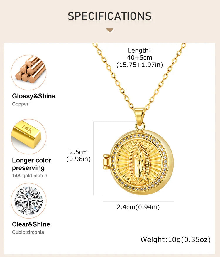 Round Zircon Virgin Mary Locked Pendant Necklace for Women, No Photo, Adjustable Link Jewelry
