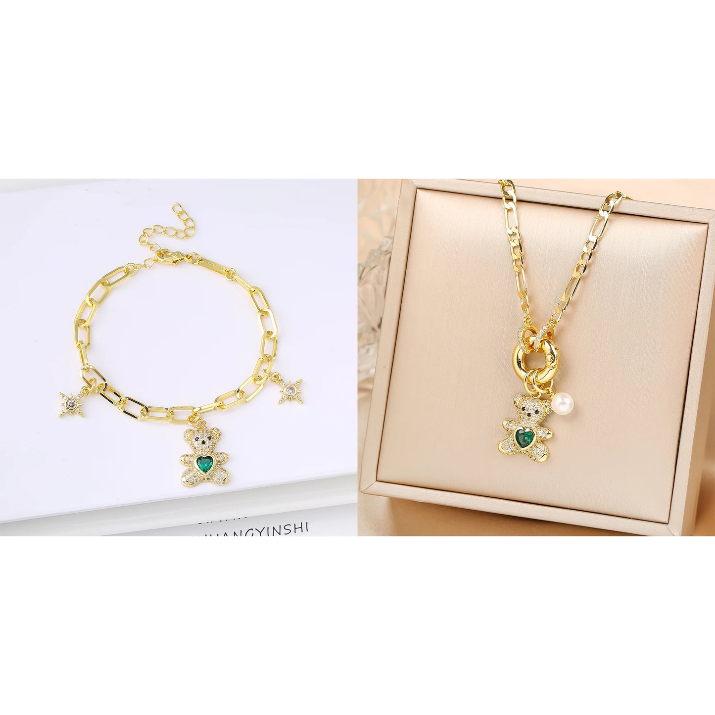 Hot Sale 2PCS Animal Bear Zirconia Bracelet Jewelry Necklace Set for Women Female Daily Party Crystal Jewelry Girl Gift