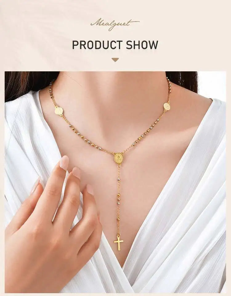 Stainless Steel St. Benedict's Rosary Necklace, Christian Cross Crucifix Pendant, Religious Necklace for Women, Catholic Jewelry