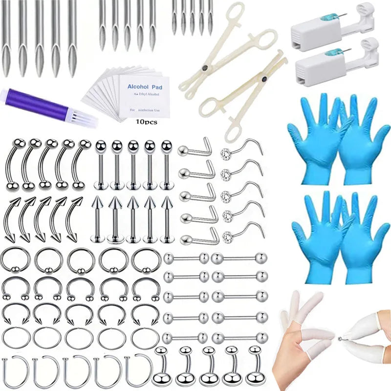 67/70/101/111Pcs Sterile Ear Piercing Kit,Tragus Helix Cartilage No Pain Piercer Tool Machine Set Stud Jewelry