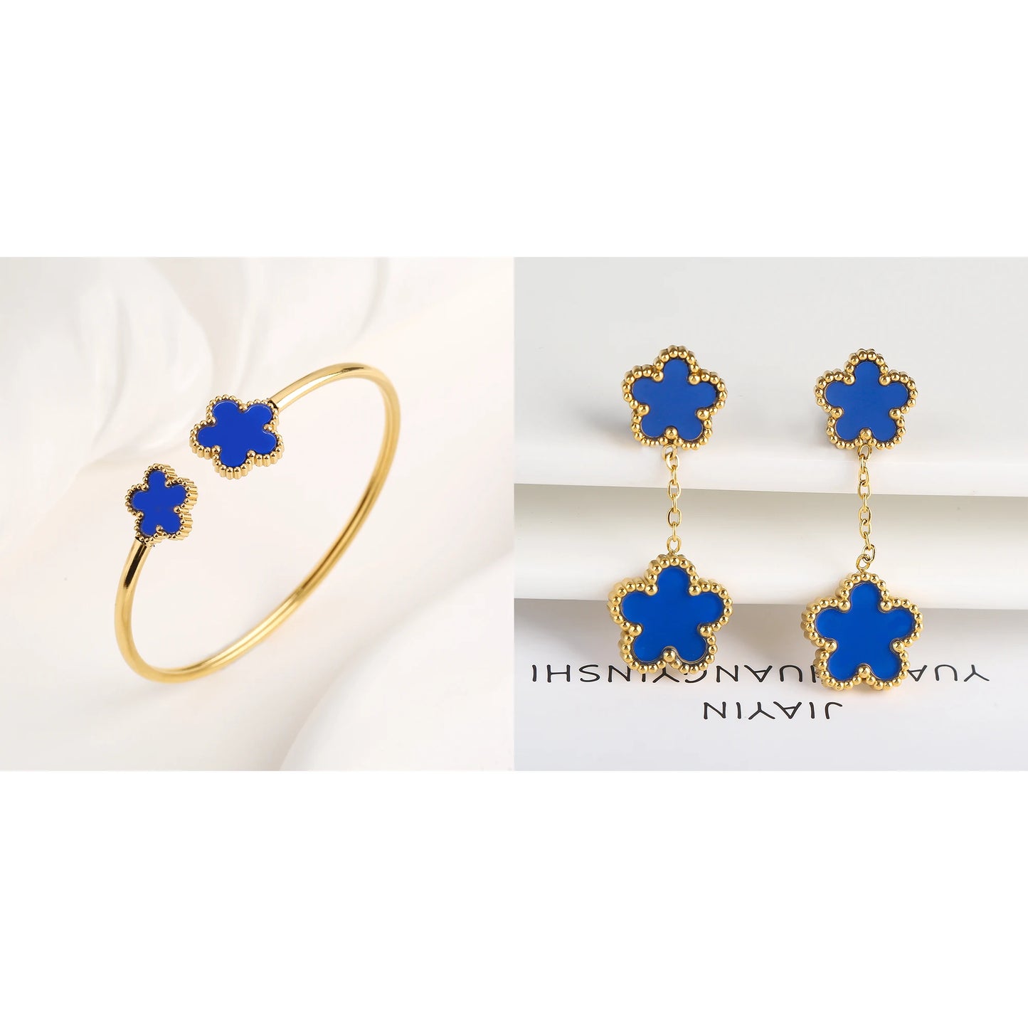 7 Color Bracelet Earrings Stainless Steel Five Leaf Flower Jewelry Set High Quality Woman Classic Daily Party Jewelry Clover New