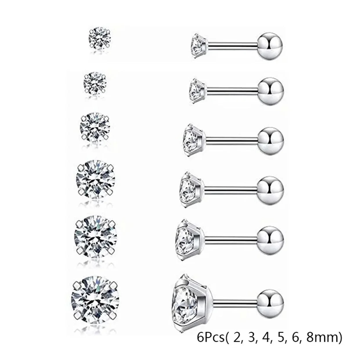 2/6/12pcs 20G Inlaid Cubic Zirconia Stud Earrings,Stainless Steel Screw Back Barbell Studs Daith Tragus Cartilage Earrings