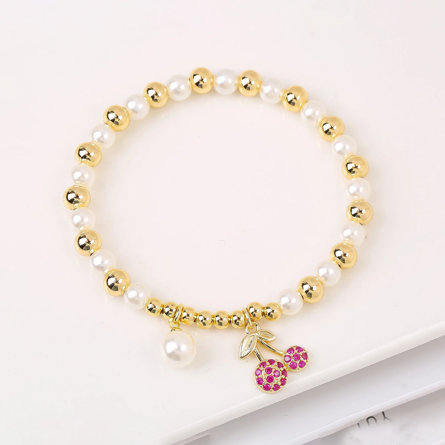 Trendy Crystal Cherry Shape Heart Copper Beads Chain Pearls Bracelet For Women 15 Styles Choice Daily Versatile Jewelry Gift