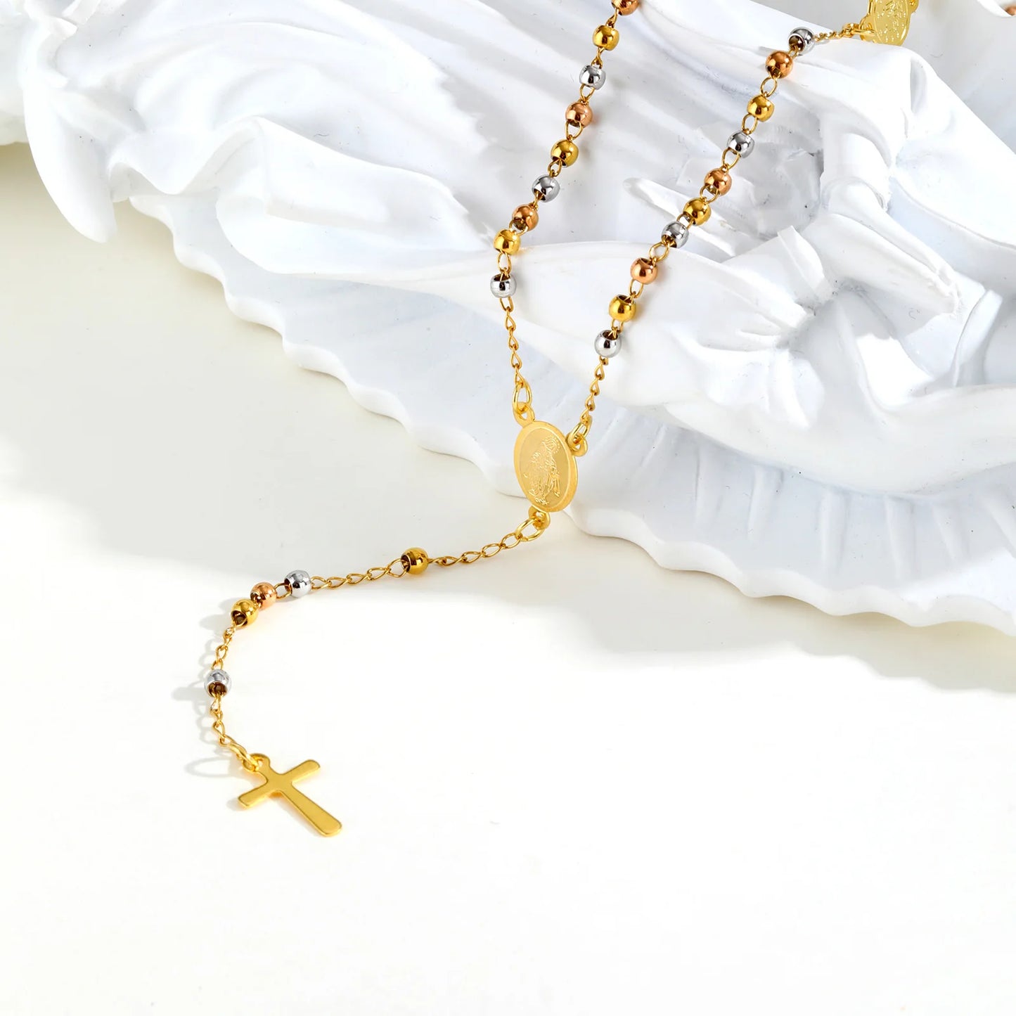 Tri-color Beaded Virgin Mary Y-shaped Necklace, Holy Spirit Cross Pendant Necklace for Women, Stainless Steel Religious Jewelry