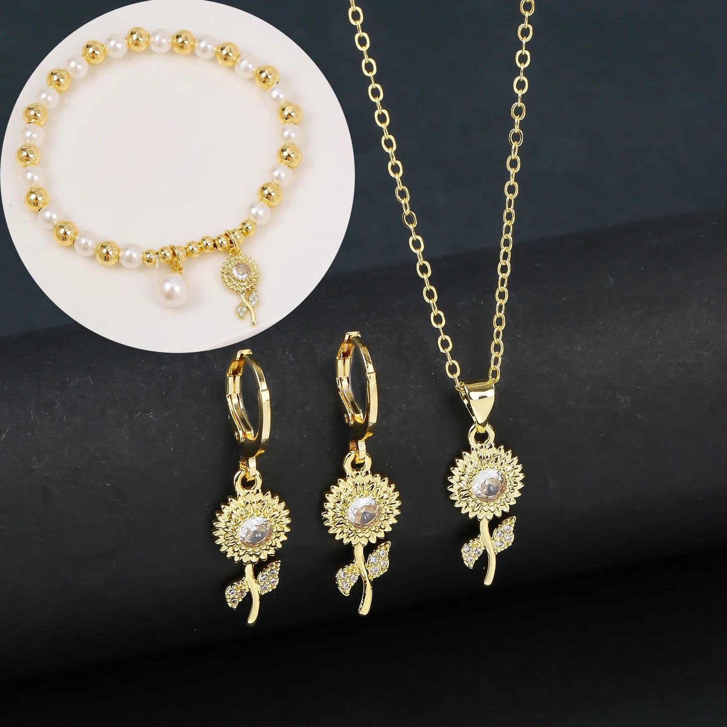 3pcs Lucky Plant Sunflower Rose Flower Necklace Jewelry Set Bracelet Earrings Charming for Women Girls Party Birthday Jewelry