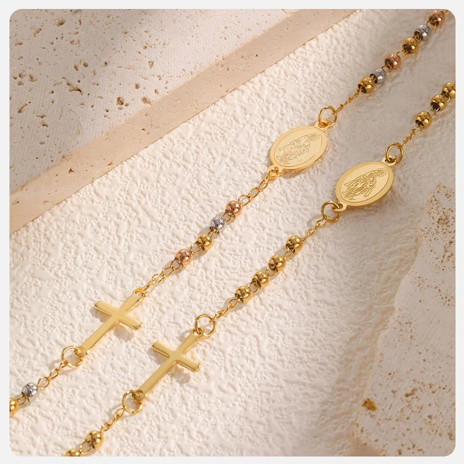 Vnox Stainless Steel Beaded Virgin Mary Bracelet,Charm Rosary Cross Chain Bracelet For Women,Religion Christ Three Color Jewelry