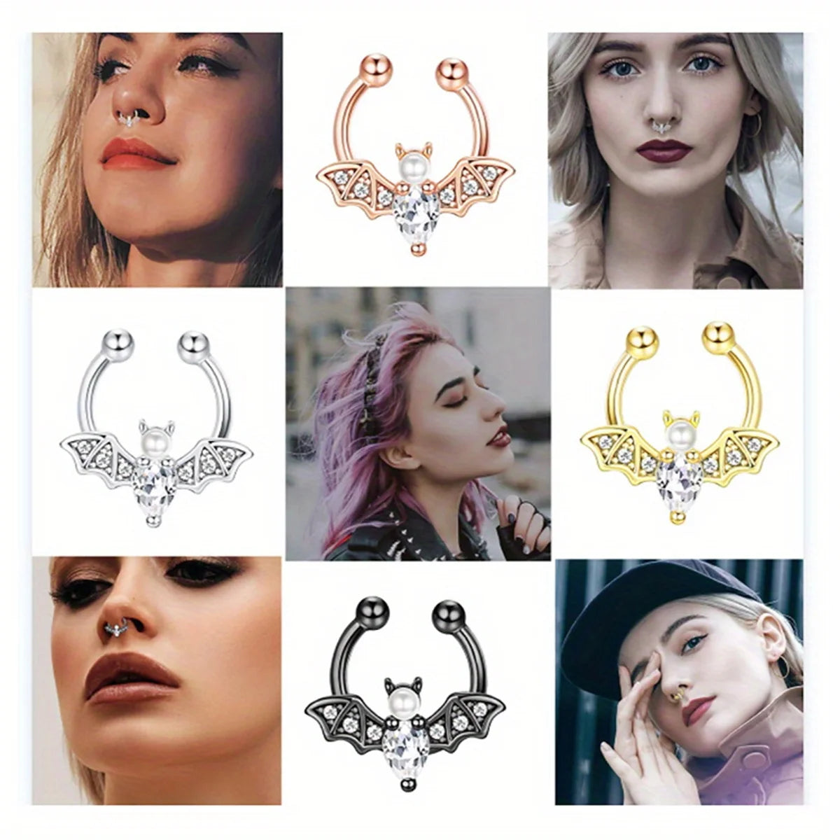 3/6pcs 16G 316L Stainless Steel Bat Fake Septum Ring,Non-Pierced Fake Nose Rings Clip On Nose Hoop Faux Septum Piercing Jewelry