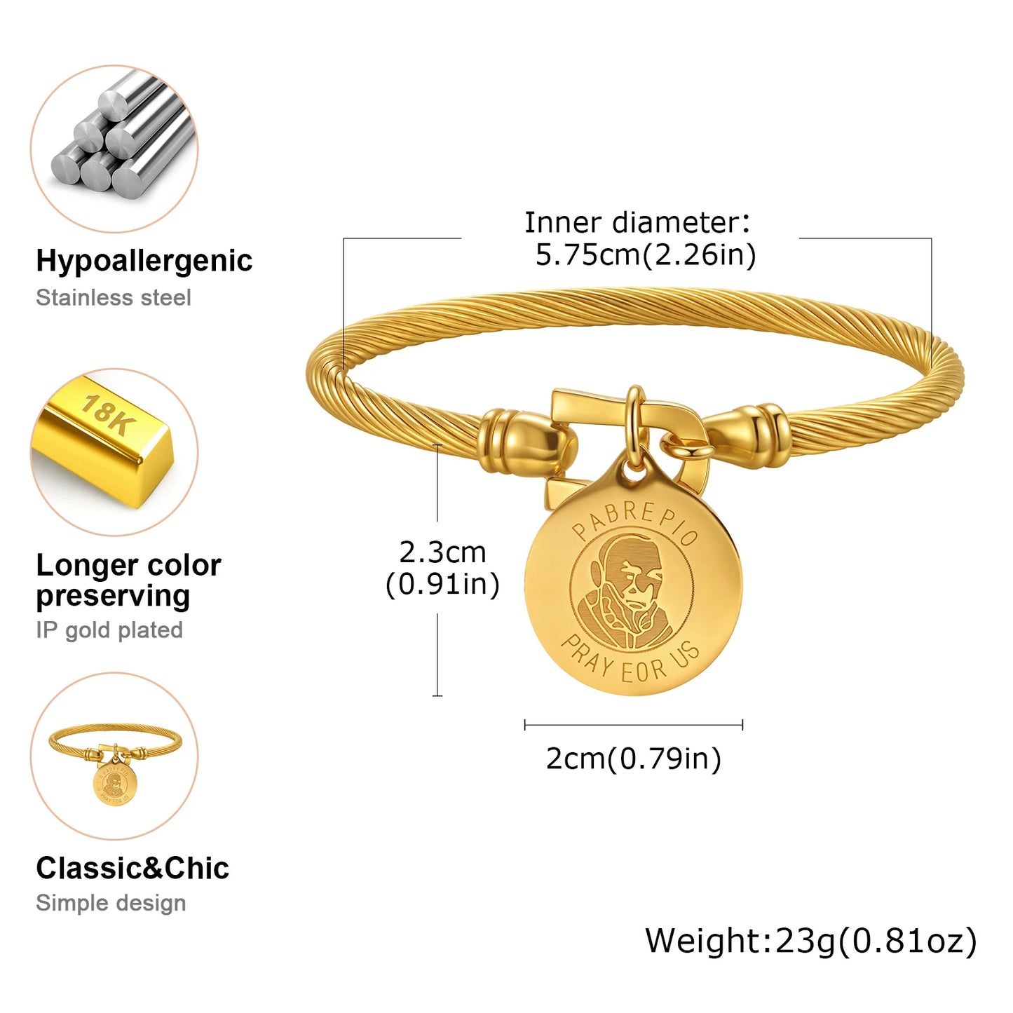 Prjewel Unique Stainless Steel Bracelets For Women Padre Pio Catholic Saint Round Accessory Bangles Religious Jewelry Set Gifts