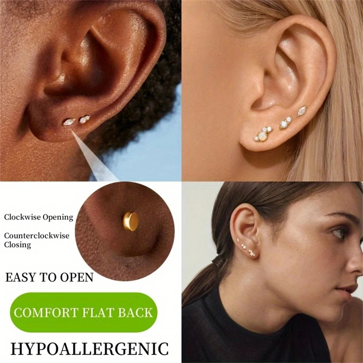 2/6Pcs 20G 18K Golden Plated Tiny Cubic Zerconia Opal Flat Back Stud Ear,Hypoallergenic Cartilage Tragus Helix Earring