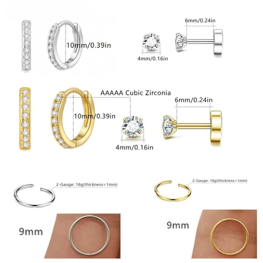 3Pcs Hypoallergenic Stainless Steel Cartilage Stud Earrings Set,Cubic Zerconia Daith Tragus Lobe Piercing Jewelry Accessories