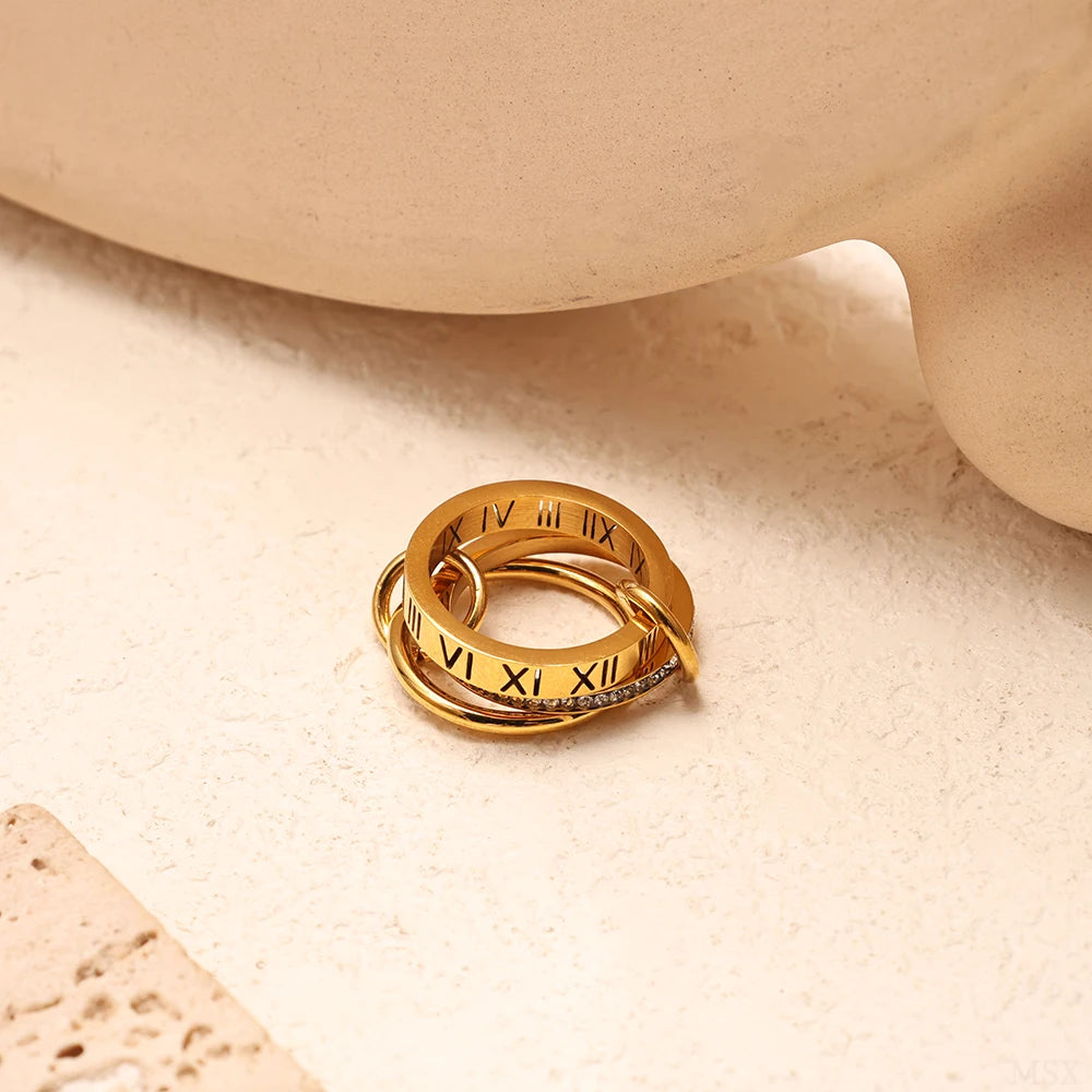 JOVO LOVE Three Layers Roman Numerals Stacking Ring for Women Stainless Steel Our Fingers Chain Shape Variable Crystal Rings