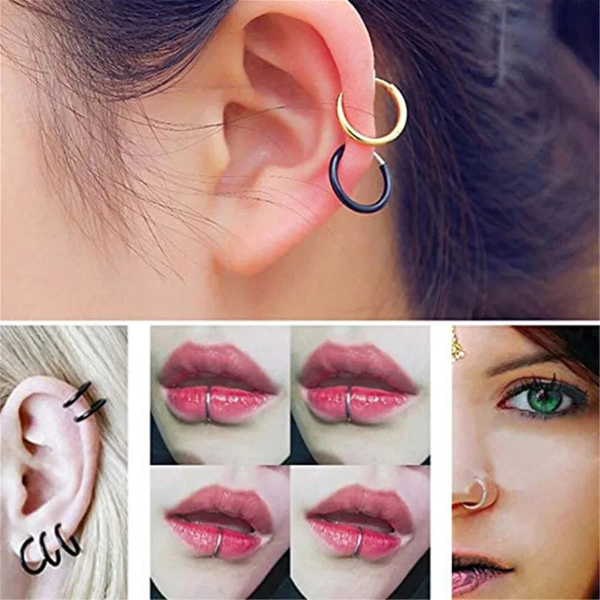 2/8pcs Fake Nose Ring Hoops, Clip on Ear Fake Septum Ring Non Piercing Spring Hoop Earrings Lip Ring Fake Cartilage Earrings