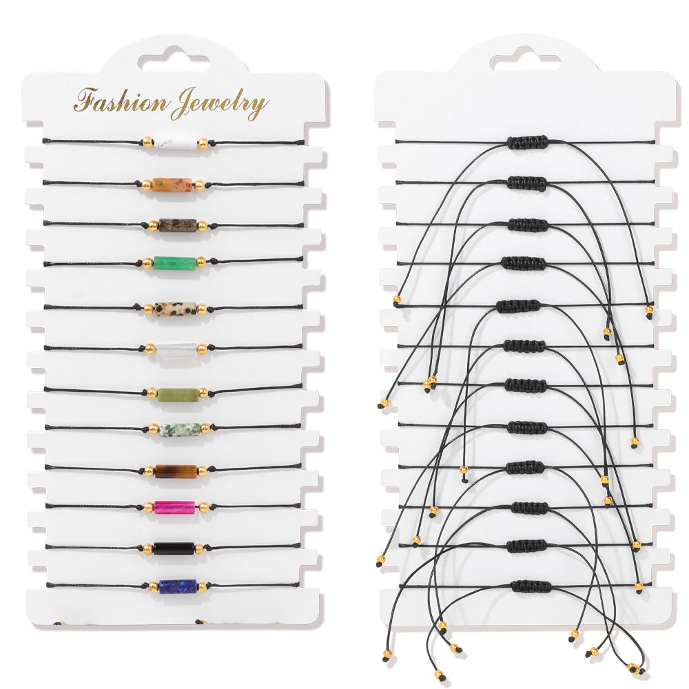 Wholesale 12Pcs/Set Colorful Natural Stone Bracelets Adjustable Rope Braided Bracelet Handmade Bohemia Bracelets with Cards