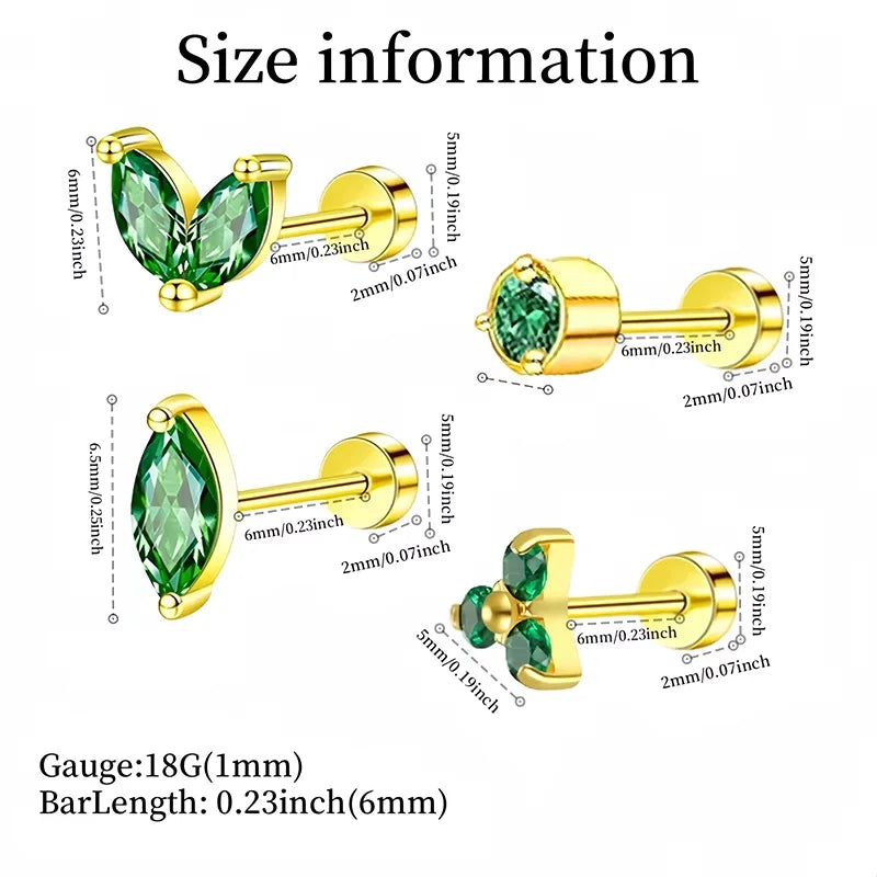 2Pcs Delicate Hypoallergenicity 18K Gold Green Gemstone Flat Back Earrings for Women Girls,Fashion Small Hoop Earrings Jewelry