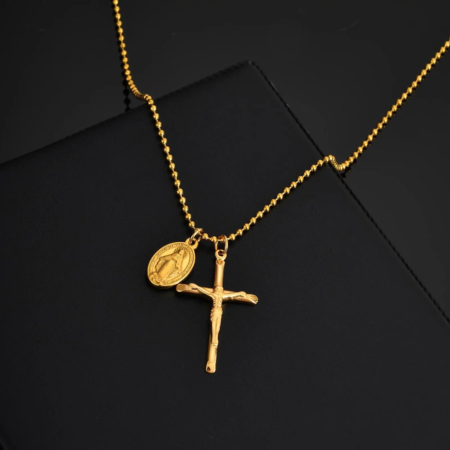Catholic Cross Necklace for Men Boys,Gold Plated Stainless Steel Virgin Mary Prayer Necklace, Religious Faith Jewelry Gift