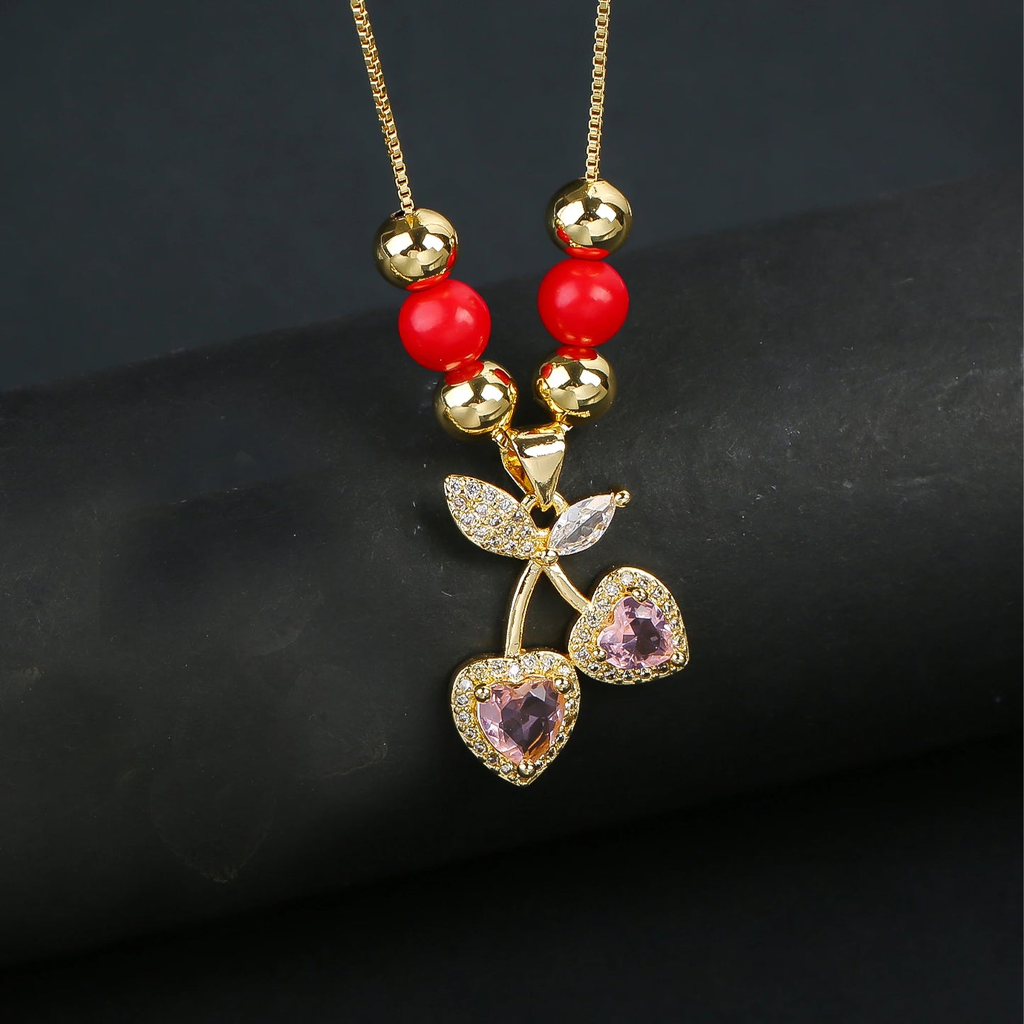 Hot Sale Crystal Red Cherry Pendant Necklace For Woman Gold Plated Fruit Collarbone Chain Fashion Daily Party Jewelry Gift