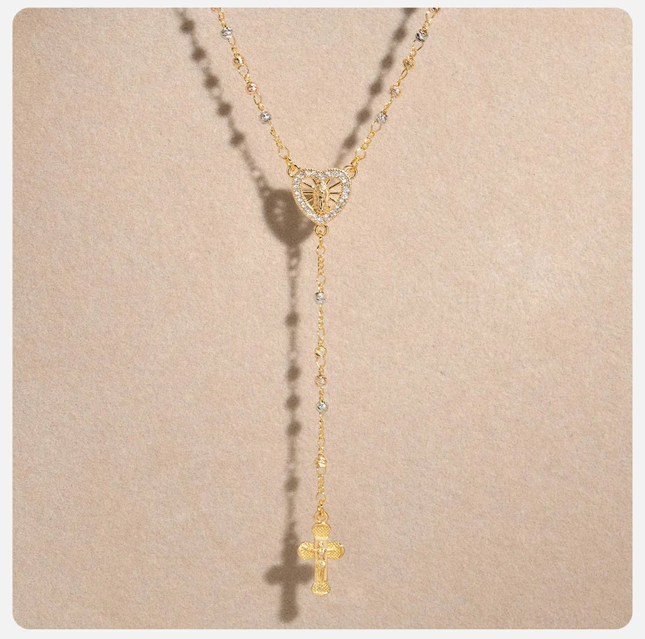 Vnox Virgin Mary Heart Rosary Necklaces for Women Men, Gold Plated Cross Prayer Collar, Long Sweater Chain Necklace