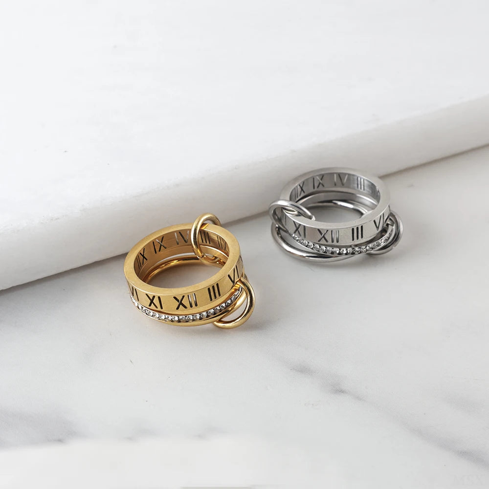 JOVO LOVE Three Layers Roman Numerals Stacking Ring for Women Stainless Steel Our Fingers Chain Shape Variable Crystal Rings