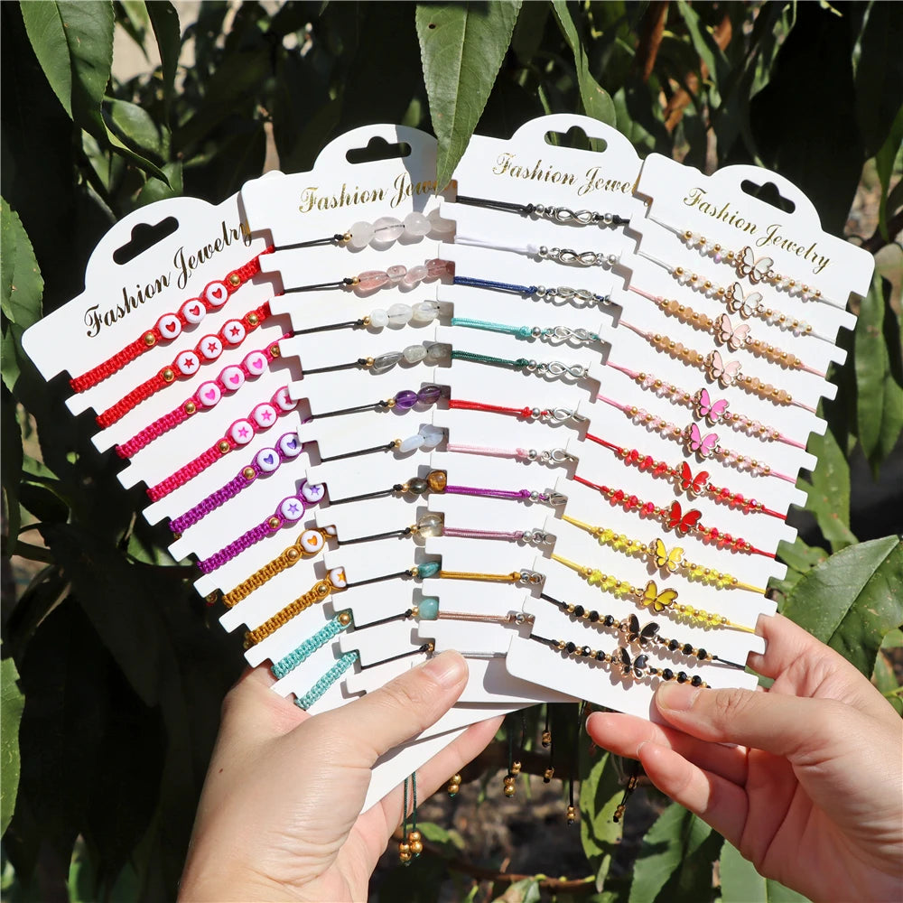 Wholesale 12Pcs/Set Colorful Natural Stone Bracelets Adjustable Rope Braided Bracelet Handmade Bohemia Bracelets with Cards