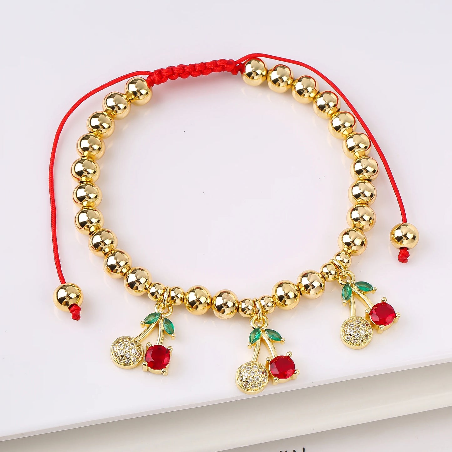 Gold Plated 6mm Copper Bead Chain Braided Fruit Cherry Crystal Adjustable Bracelet New Fashion Woman Girl Daily Wear Jewelry