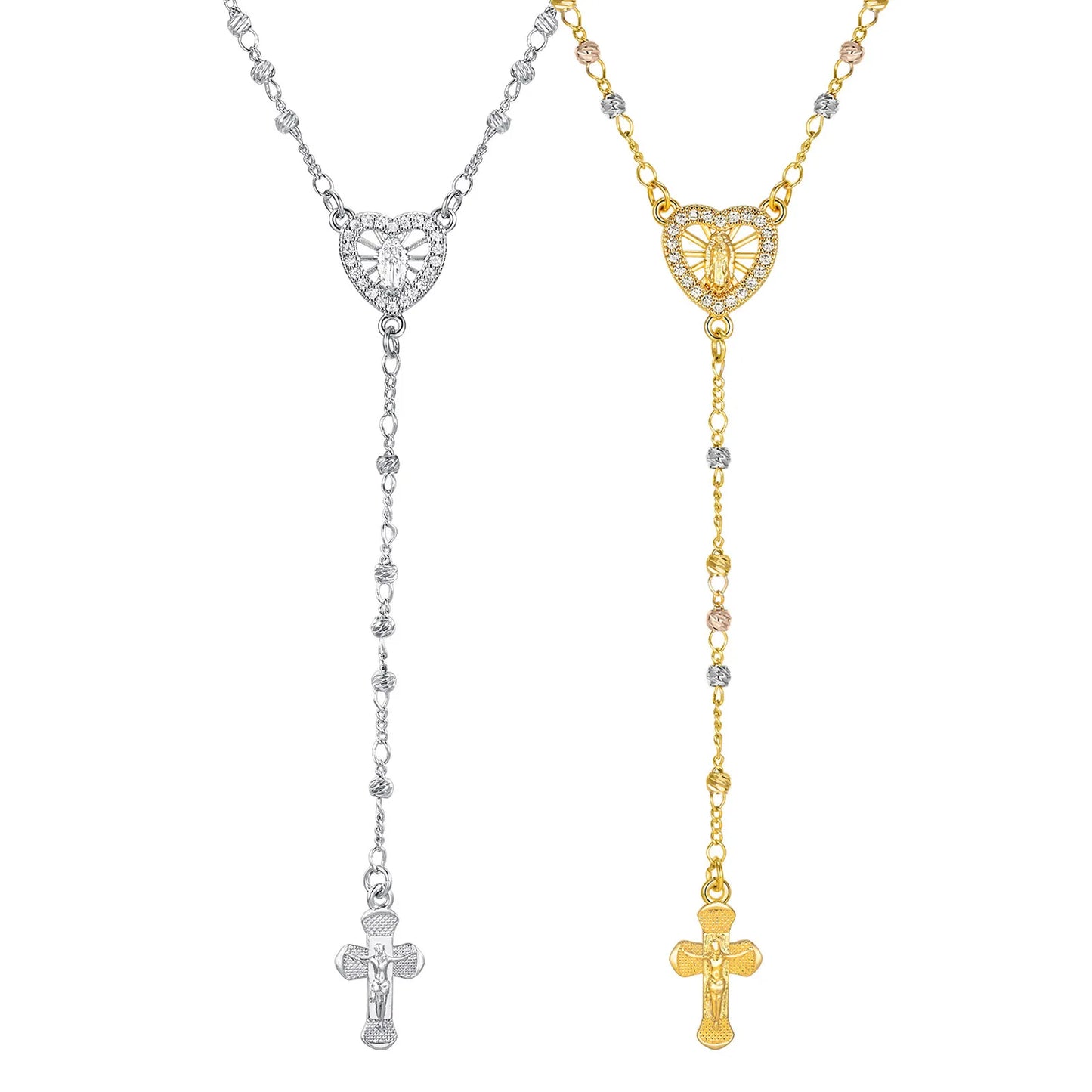 Zirconia Heart Virgin Mary Rosary Bead Cross Necklace for Women, Long Chain Cross Pendant Christian Catholic Religious Jewelry