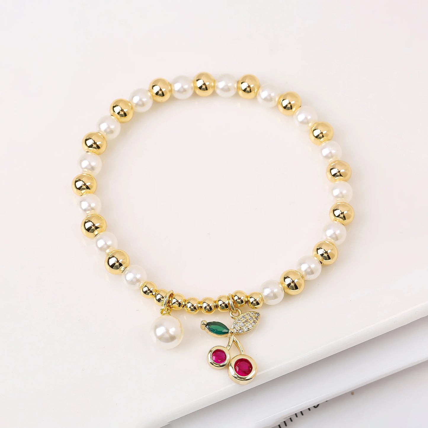 Trendy Crystal Cherry Shape Heart Copper Beads Chain Pearls Bracelet For Women 15 Styles Choice Daily Versatile Jewelry Gift